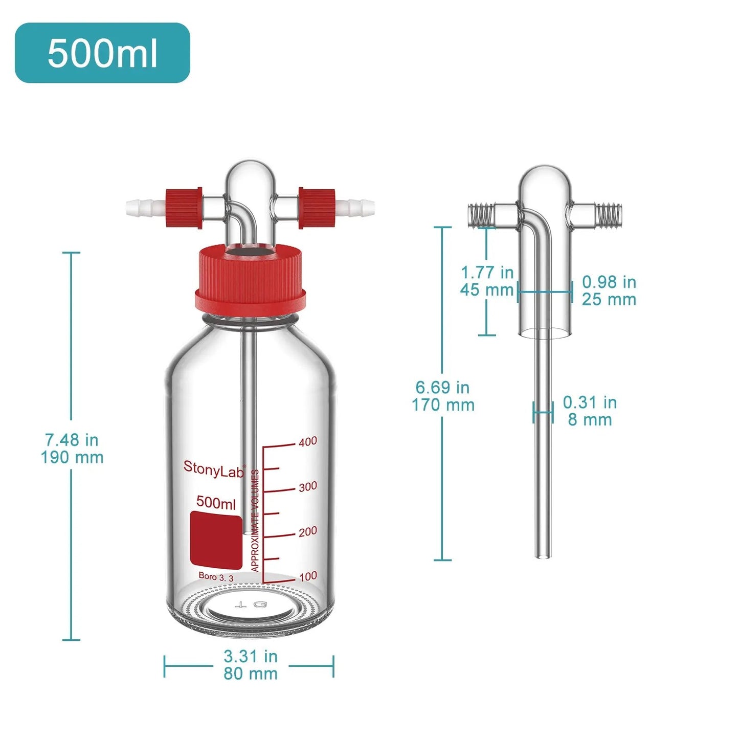 Gas Washing Bottle, Drechsel Head GL45 Screw Thread PP Cap, 250-500 ml Bottles-Bottle Bubblers