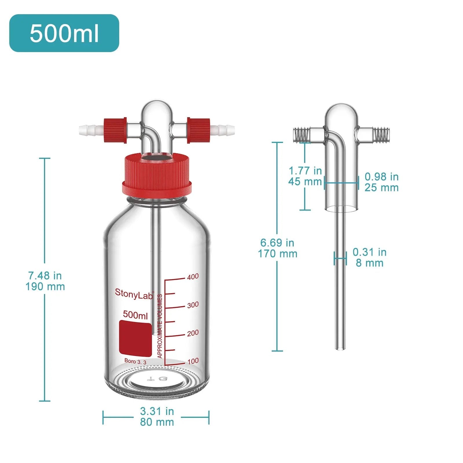 Gas Washing Bottle, Drechsel Head GL45 Screw Thread PP Cap, 250-500 ml Bottles-Bottle Bubblers