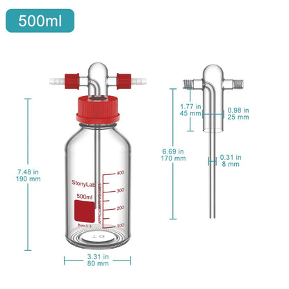 Gas Washing Bottle, Drechsel Head GL45 Screw Thread PP Cap, 250-500 ml Bottles-Bottle Bubblers