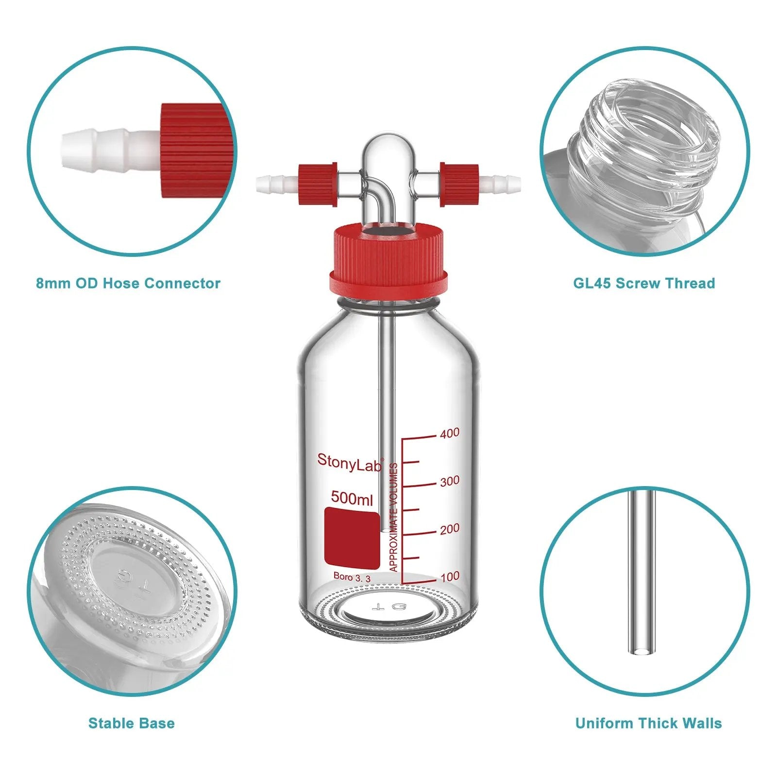 Side view and dimensional layout of the durable StonyLab Gas Washing Bottle with Straight Dispersion Tube