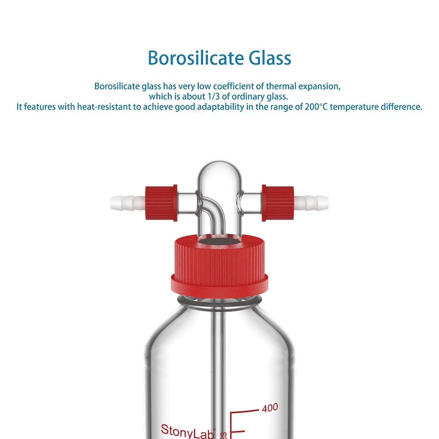 Gas Washing Bottle, Drechsel Head GL45 Screw Thread PP Cap, 250-500 ml Bottles-Bottle Bubblers