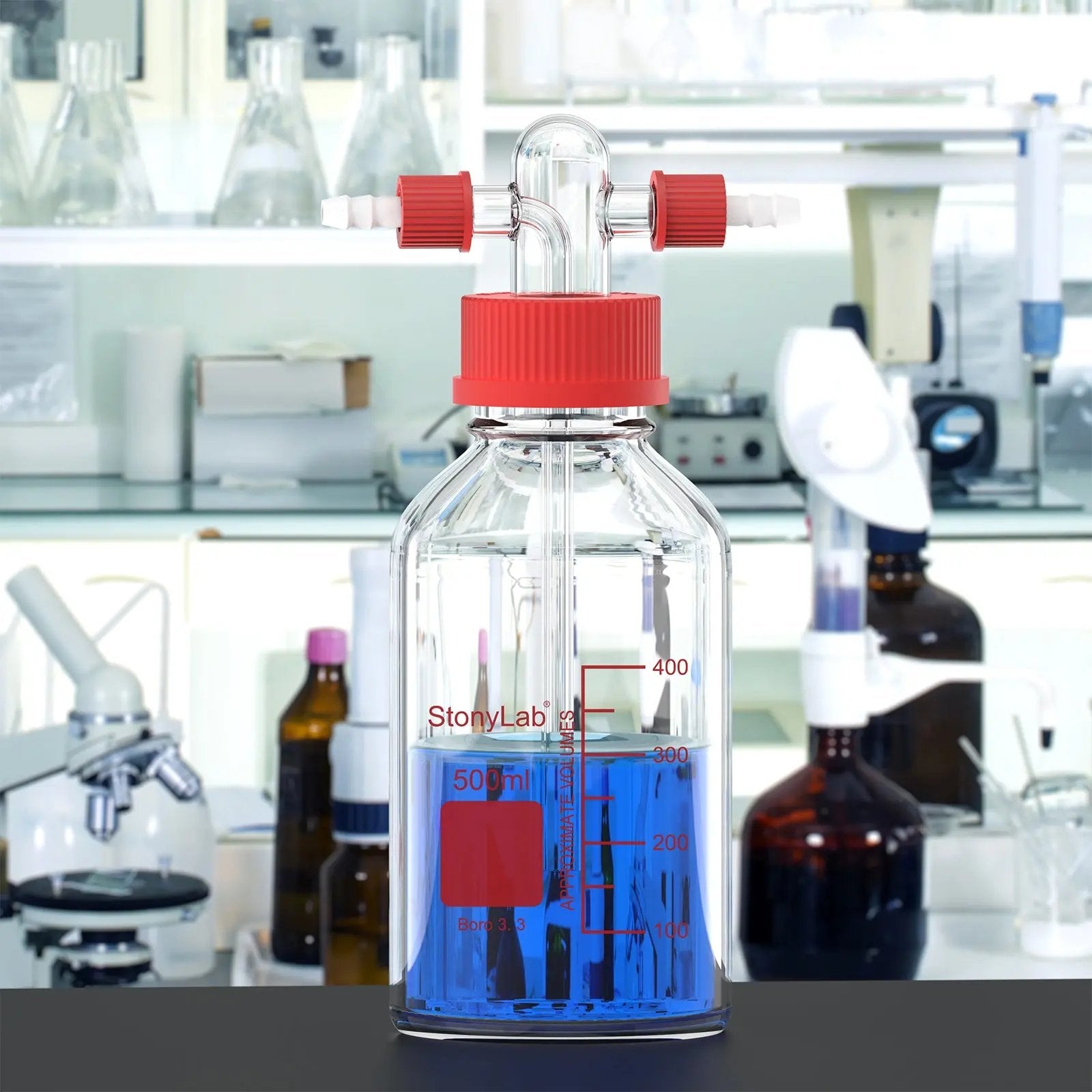 Comprehensive product view and setup components for StonyLab Gas Washing Bottle with Straight Dispersion Tube