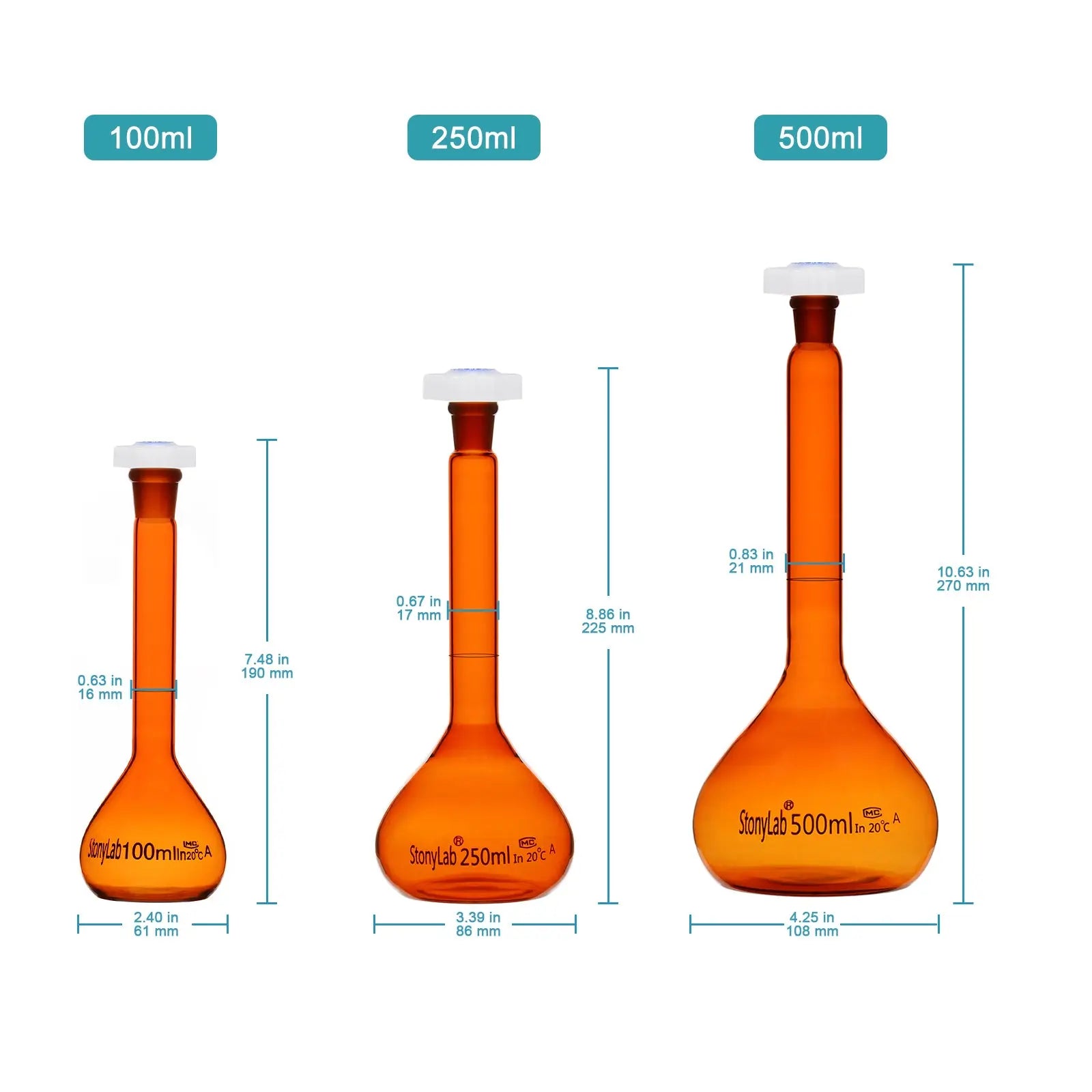 Side view and dimensional layout of the durable StonyLab Amber Volumetric Flask