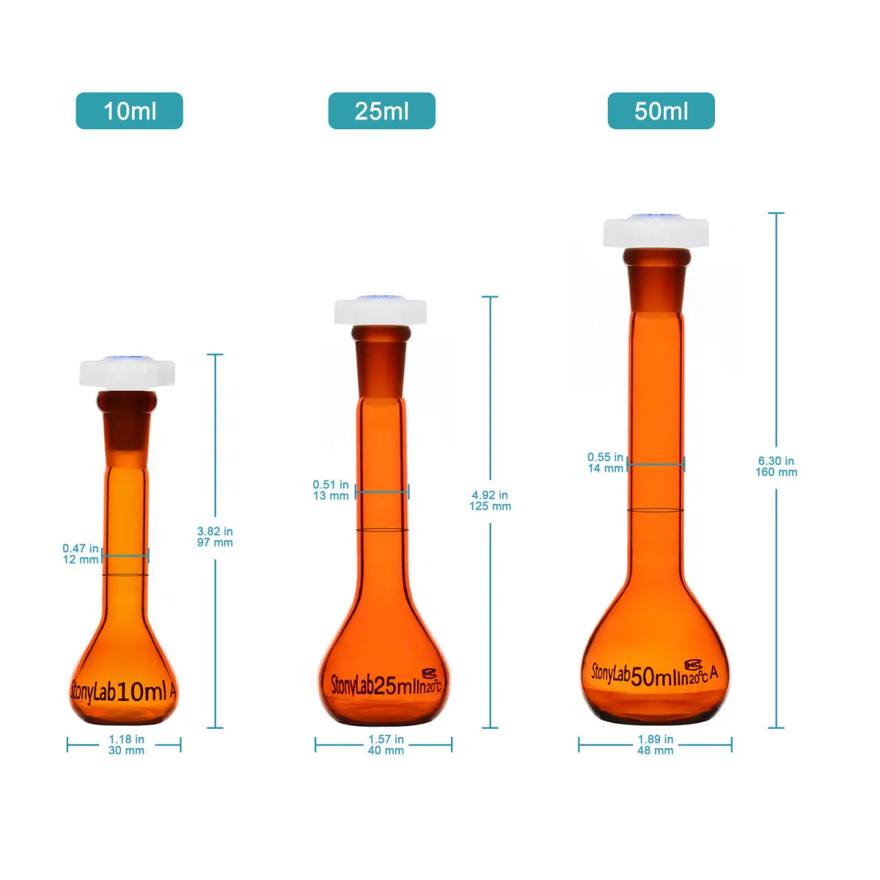 Close-up view showing the precise design and material of StonyLab Amber Volumetric Flask