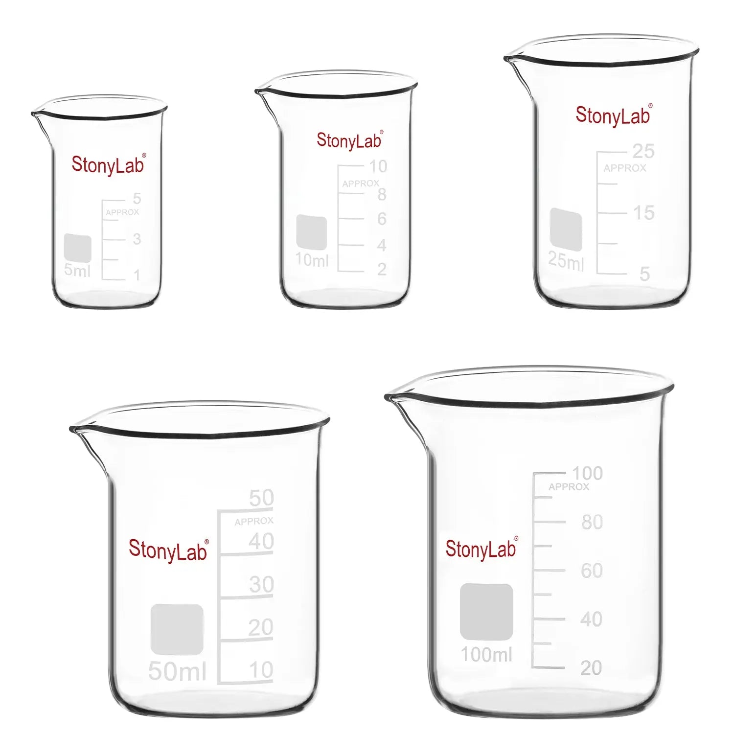StonyLab Mixed Size Glass Beaker Set for professional laboratory applications