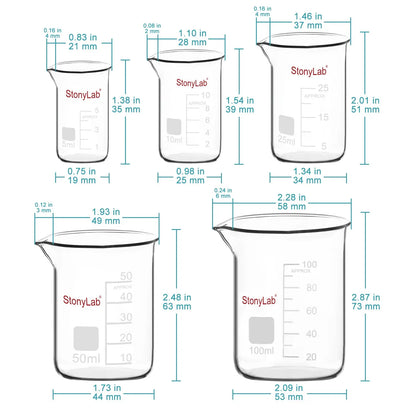 Glass Beaker Set in 5 Pack, 5-100 ml Beakers