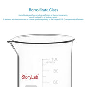 Side view and dimensional layout of the durable StonyLab Mixed Size Glass Beaker Set
