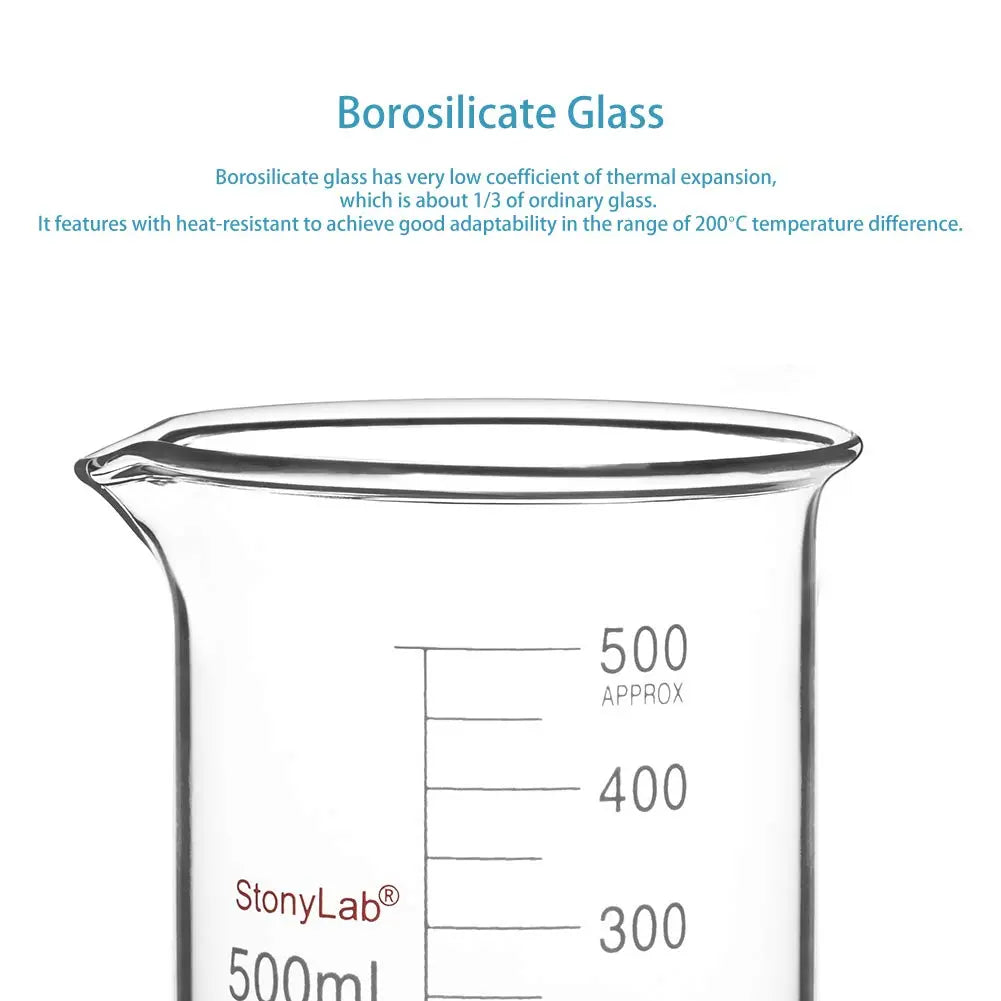Side view and dimensional layout of the durable StonyLab Glass Beaker Set