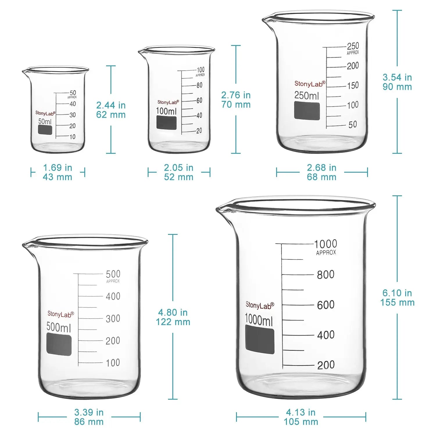 Close-up view showing the precise design and material of StonyLab Glass Beaker Set