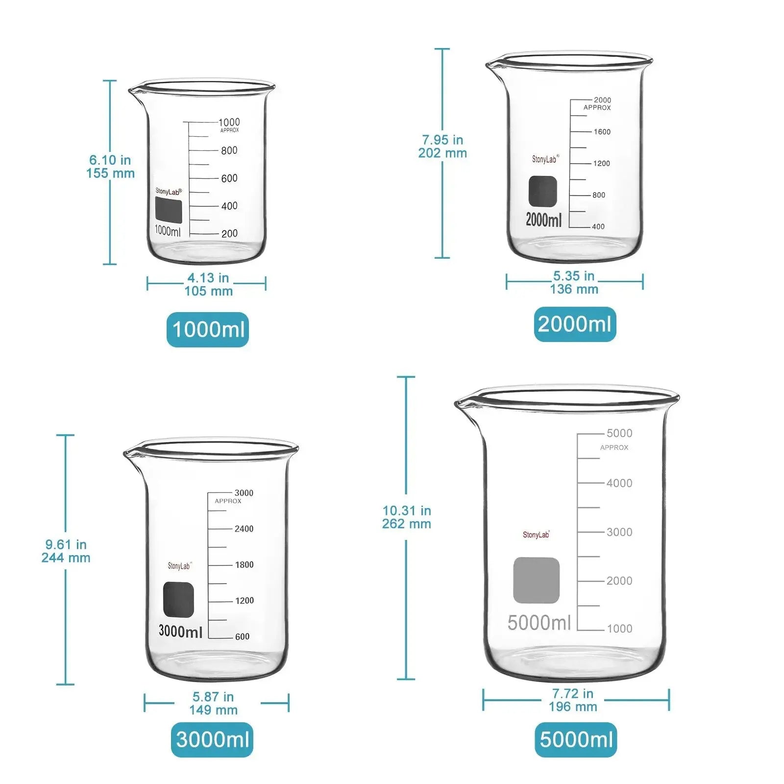 Side view and dimensional layout of the durable StonyLab Glass Beaker