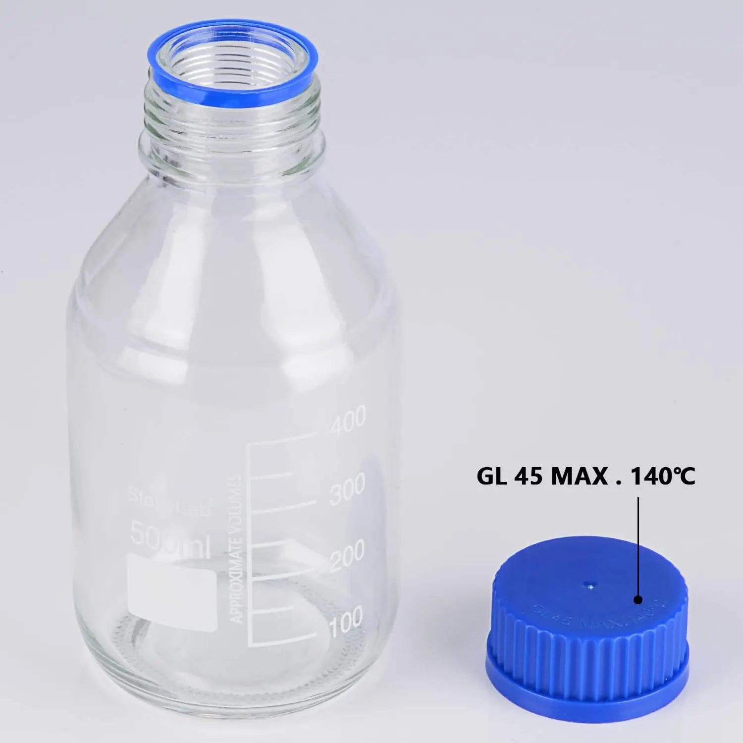 Alternative angle showing underlying build quality of StonyLab Media Storage Bottles with GL45 Blue Screw Cap