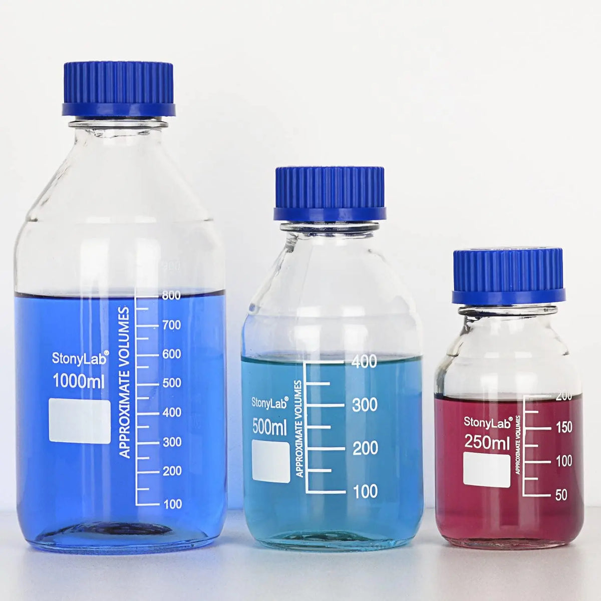 Comprehensive product view and setup components for StonyLab Media Storage Bottles with GL45 Blue Screw Cap