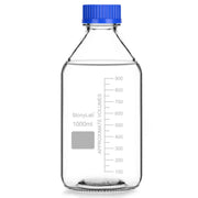 Side view and dimensional layout of the durable StonyLab Media Storage Bottles with GL45 Blue Screw Cap