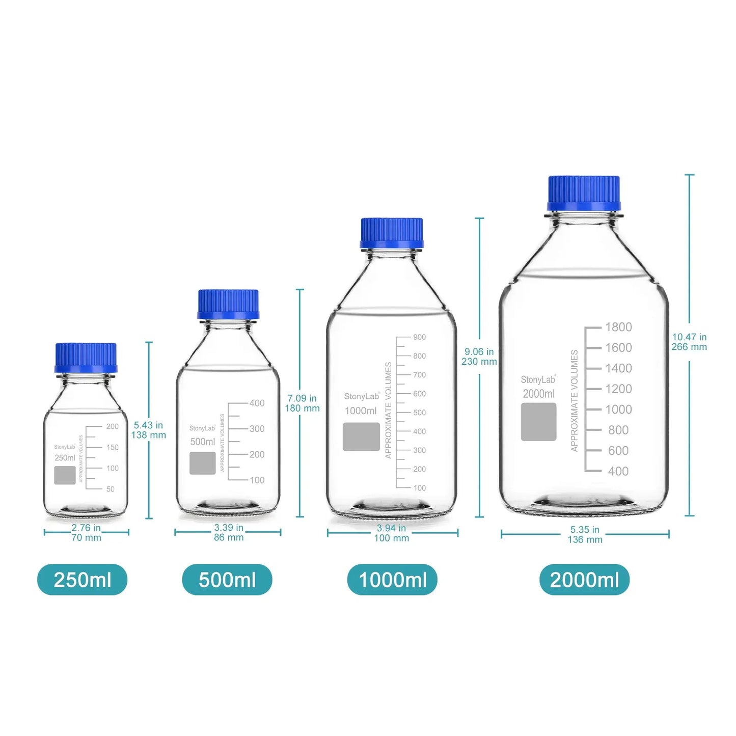 Glass Clear Round Lab Reagent Media Storage Bottles, 250-2000 ml Bottles-Storage Bottles