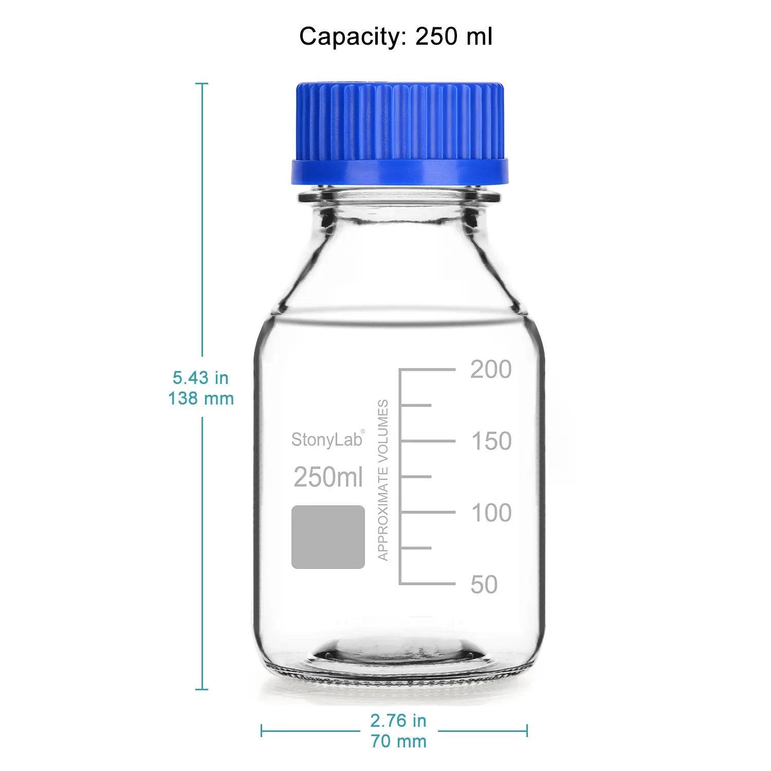 StonyLab Graduated Storage Bottles with GL45 Screw Cap, 1000 ml Borosilicate Glass Clear Round Lab Reagent Media Storage Bottles with Blue Screw Cap