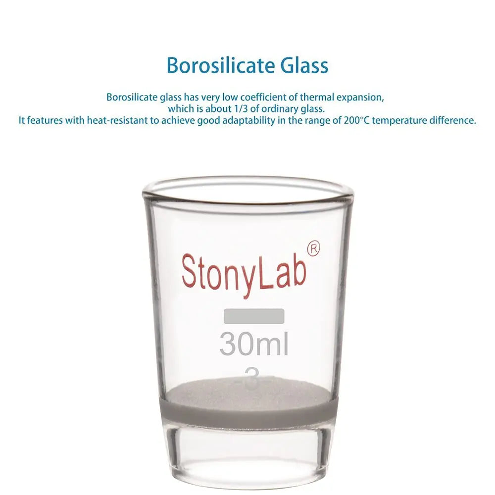 Side view and dimensional layout of the durable StonyLab Glass Crucible Gooch Filter Crucible with Fritted Disc