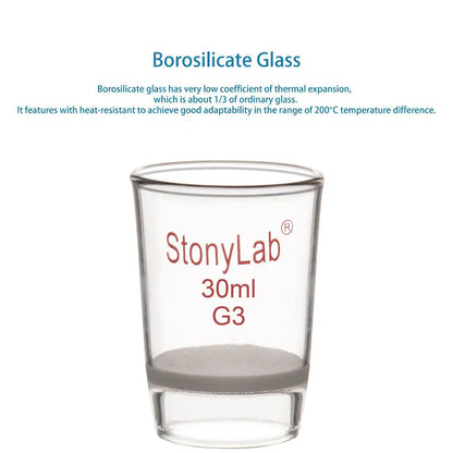 Laboratory glass Gooch filter crucible with integrated fritted disc for micro-scale filtration, clarification and particulate retention StonyLab
