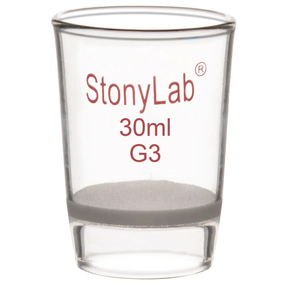 Laboratory glass Gooch filter crucible with integrated fritted disc for micro-scale filtration, clarification and particulate retention StonyLab