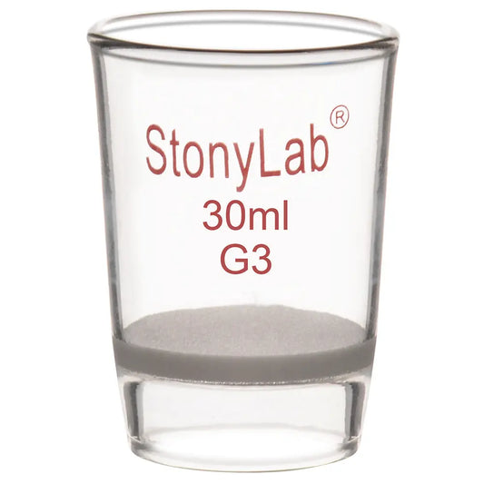 Laboratory glass Gooch filter crucible with integrated fritted disc for micro-scale filtration, clarification and particulate retention StonyLab