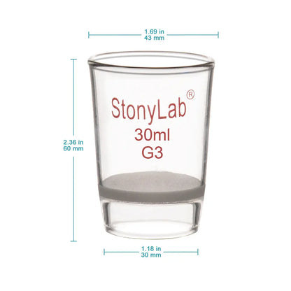Laboratory glass Gooch filter crucible with integrated fritted disc for micro-scale filtration, clarification and particulate retention StonyLab