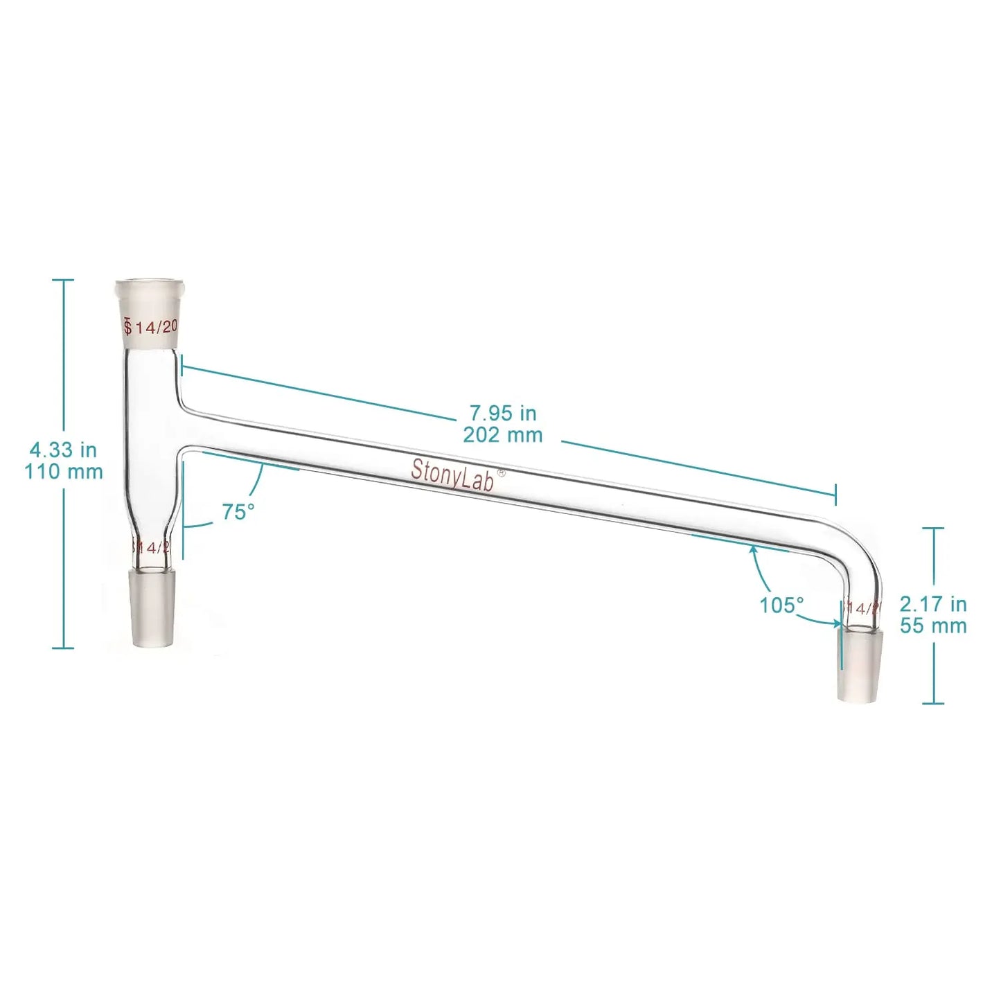 Glass Distilling Adapter, 75 Degree Bent Adapter - StonyLab Adapters - Distilling 14-20-Joint