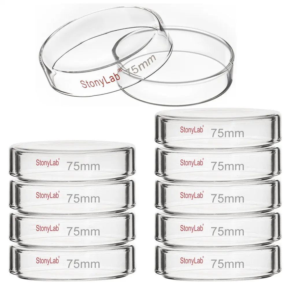 Glass Petri Dishes with Clear Lid, 10 Pack - StonyLab Petri Dishes 75x15-mm