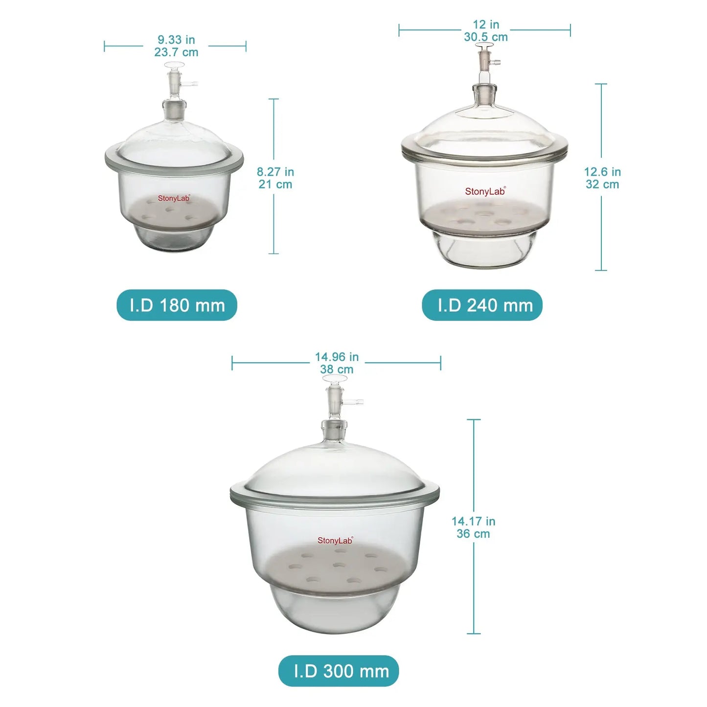 Glass Vacuum Desiccator, I.D 180mm - 300mm Desiccators-Vacuum
