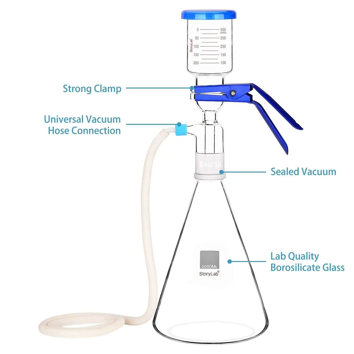 Side view and dimensional layout of the durable StonyLab Glass Vacuum Filtration Assembly Filter Kit