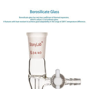 Side view and dimensional layout of the durable StonyLab Glass Vacuum Flow Control Adapter with Side PTFE Stopcock