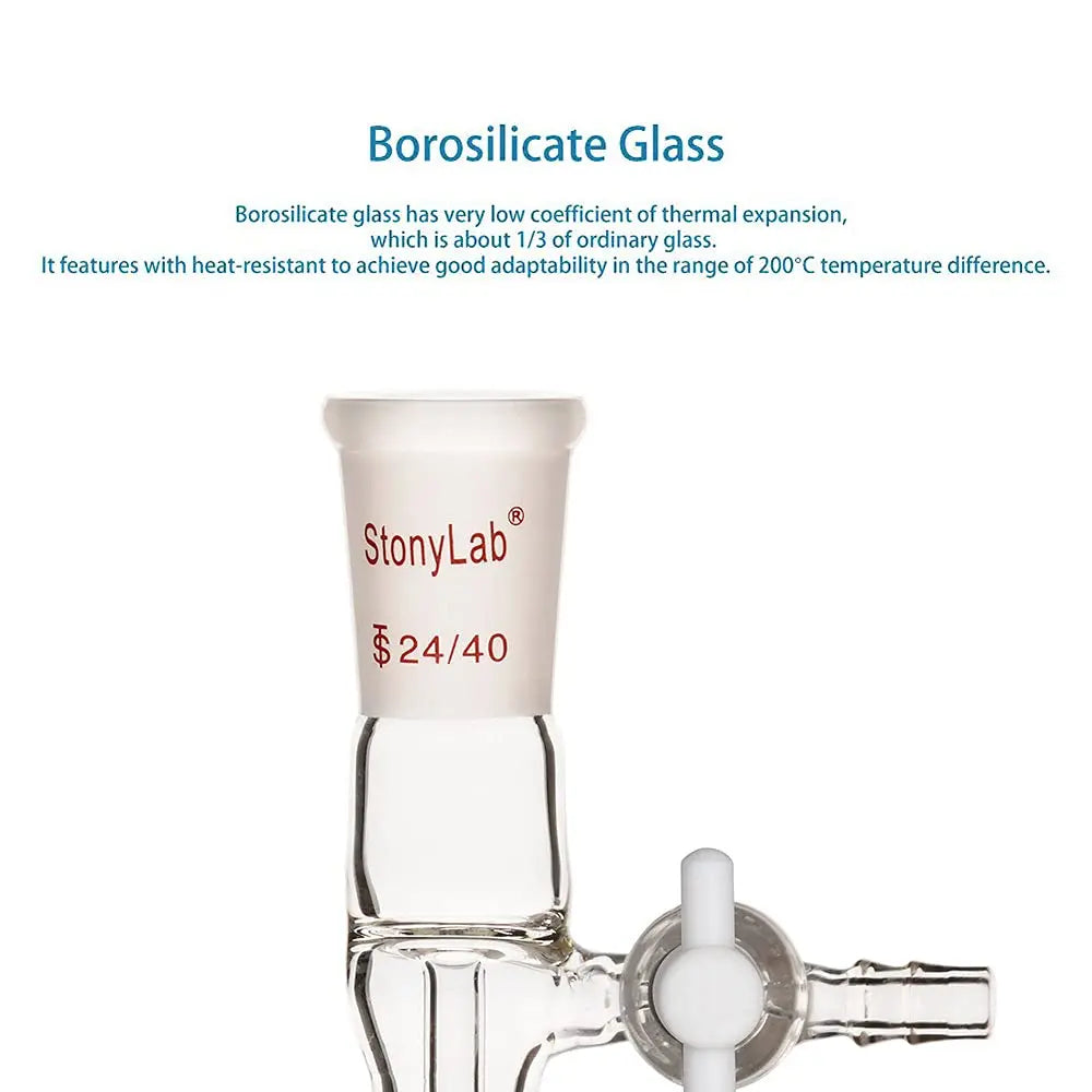 Side view and dimensional layout of the durable StonyLab Glass Vacuum Flow Control Adapter with Side PTFE Stopcock