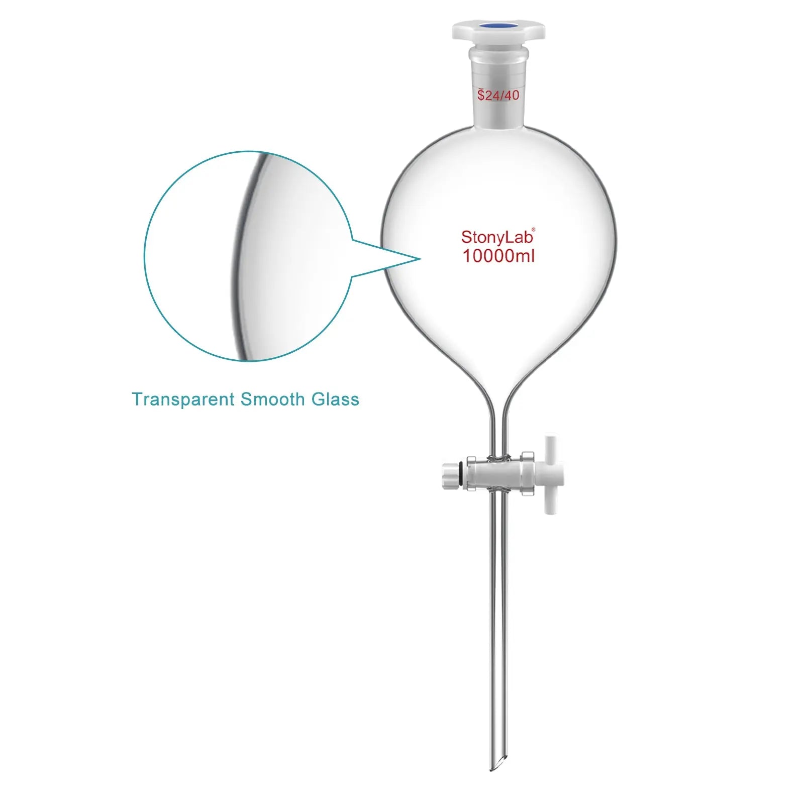 Side view and dimensional layout of the durable StonyLab Globe Shaped Separatory Funnel with 24