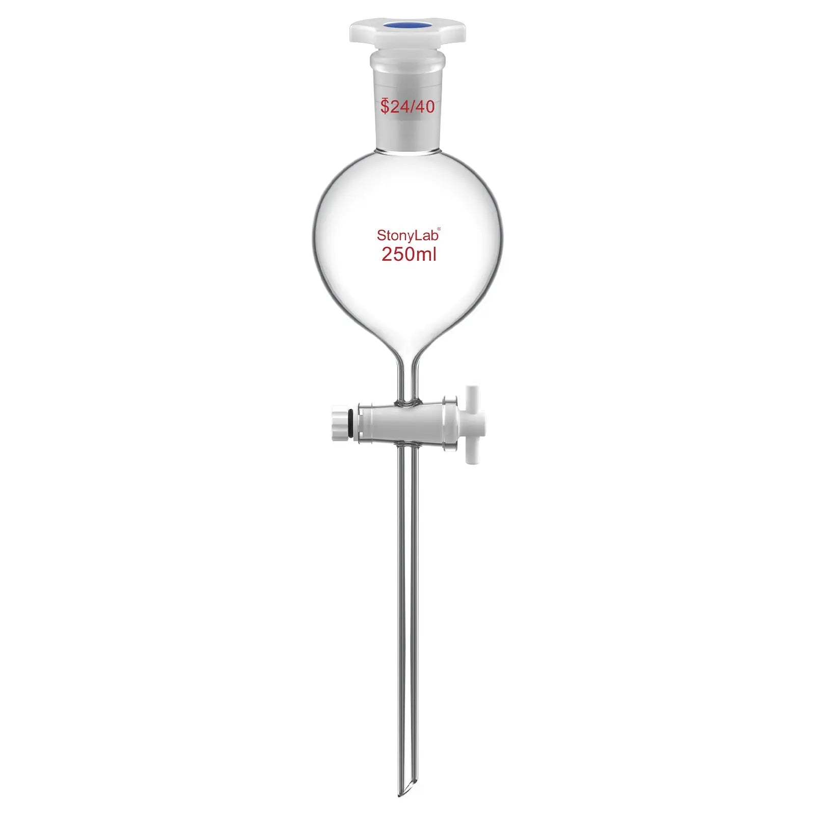 Comprehensive product view and setup components for StonyLab Globe Shaped Separatory Funnel with 24