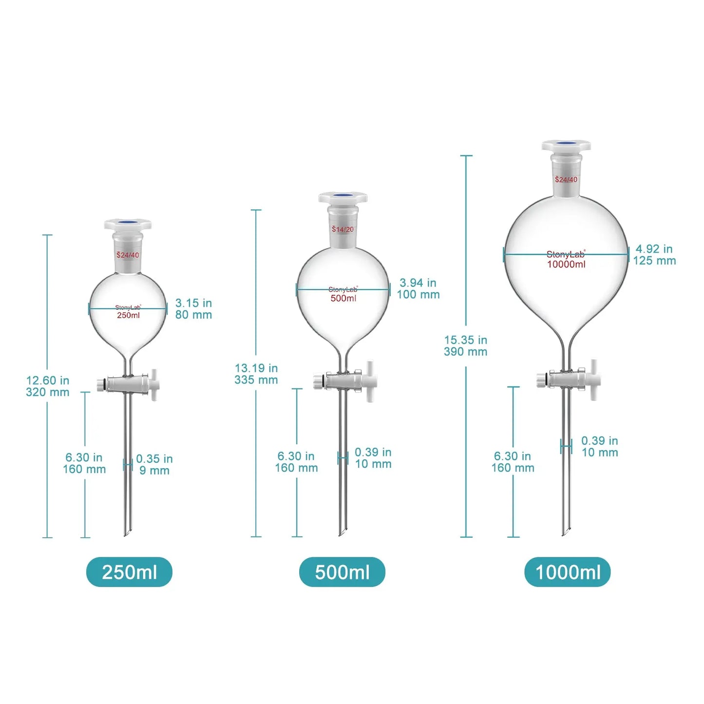 Globe Shaped Separatory Funnel with 24/40 Joint, Plastic Stopper and PTFE stopcock, 250-1000 ml Funnels-Separatory