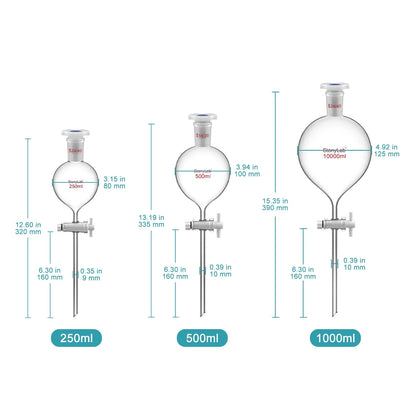 Globe Shaped Separatory Funnel with 24/40 Joint, Plastic Stopper and PTFE stopcock, 250-1000 ml Funnels-Separatory