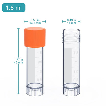 1.8 ml polypropylene cryogenic vials for laboratory sample aliquoting, storage and transport with leak-resistant screw caps, 500-pack StonyLab