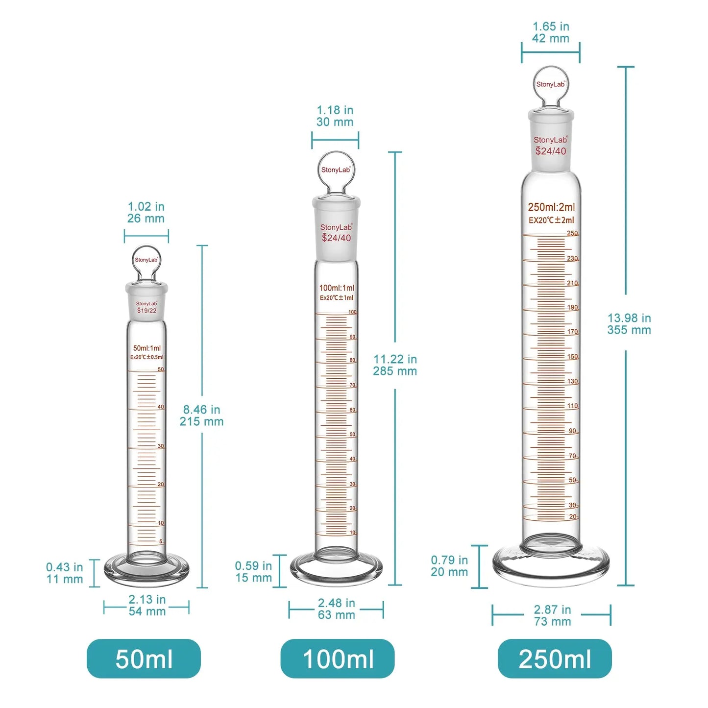 Graduated Cylinder with Glass Stopper, 50-250 ml Cylinders