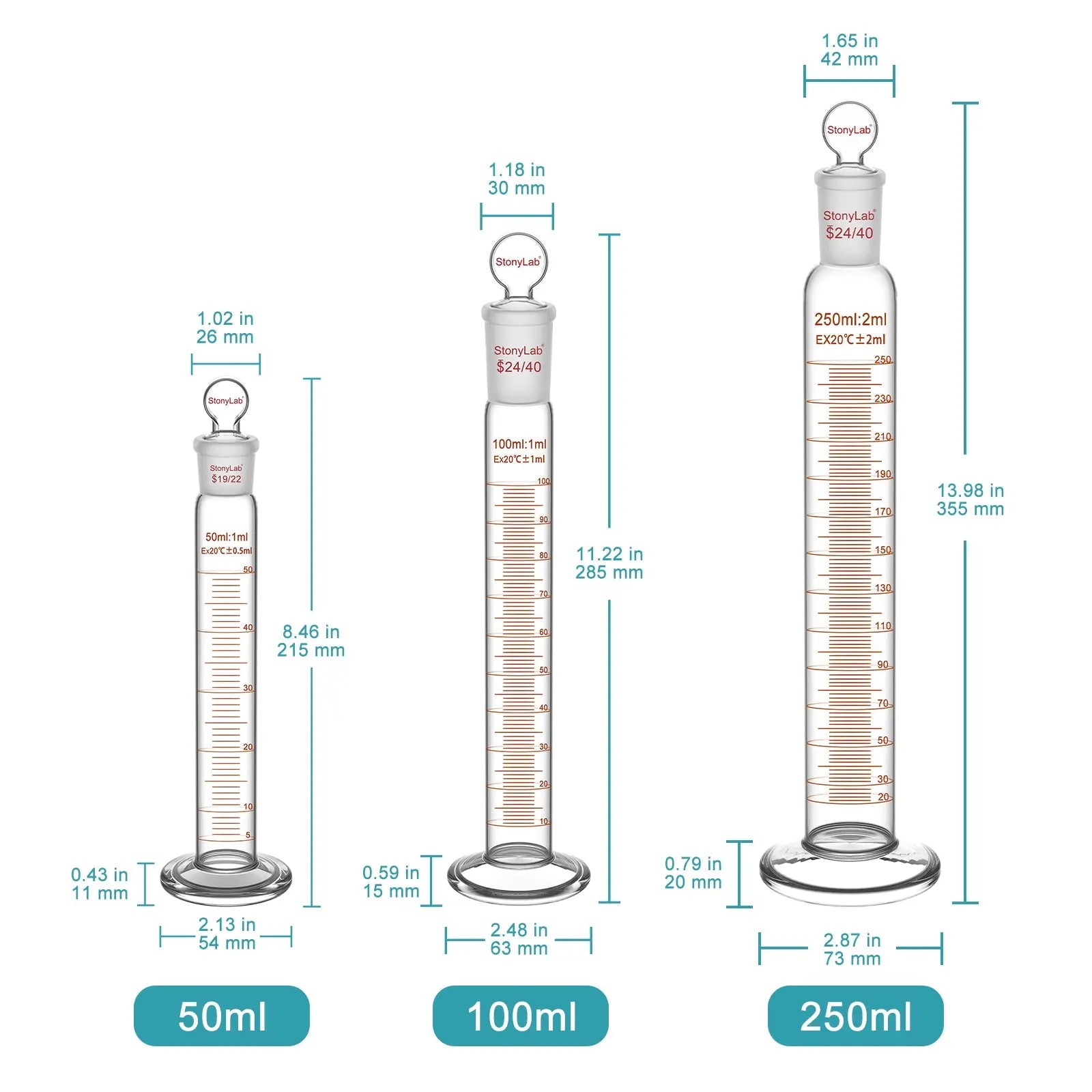Graduated Cylinder with Glass Stopper, 50-250 ml Cylinders