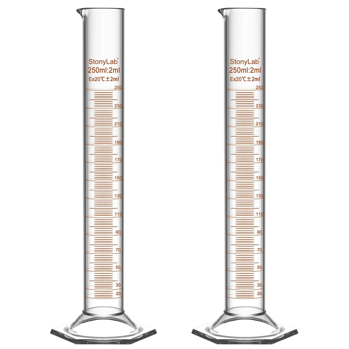Graduated Cylinder with Hexagonal Base, 10-250 ml (Pack of 2) Cylinders