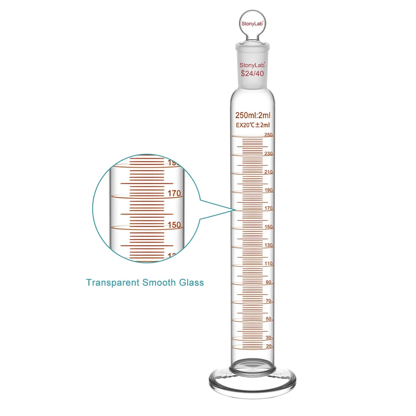 Graduated Cylinder, 100/250ml, 24/40 Joint and Head Stopper Cylinders