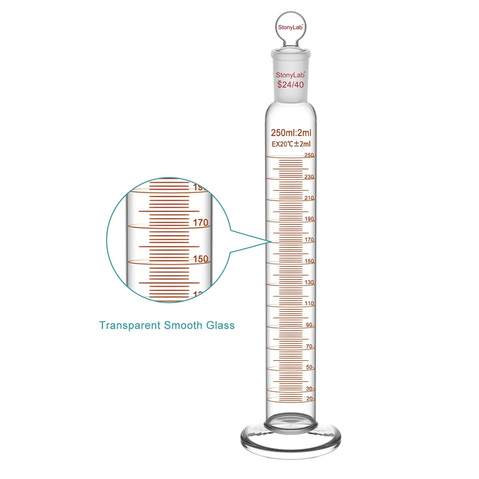 Graduated Cylinder, 100/250ml, 24/40 Joint and Head Stopper Cylinders