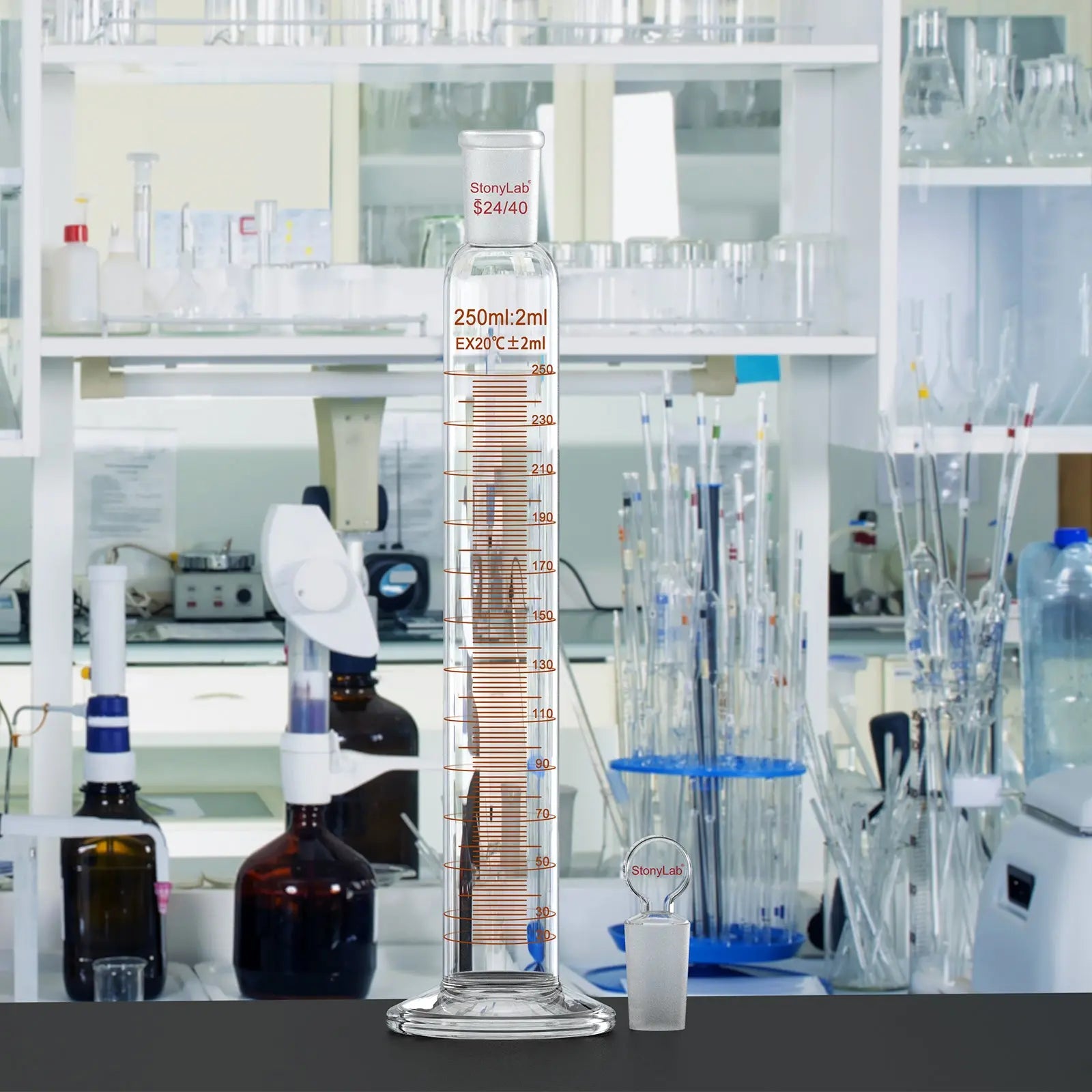 Graduated Cylinder, 100/250ml, 24/40 Joint and Head Stopper Cylinders