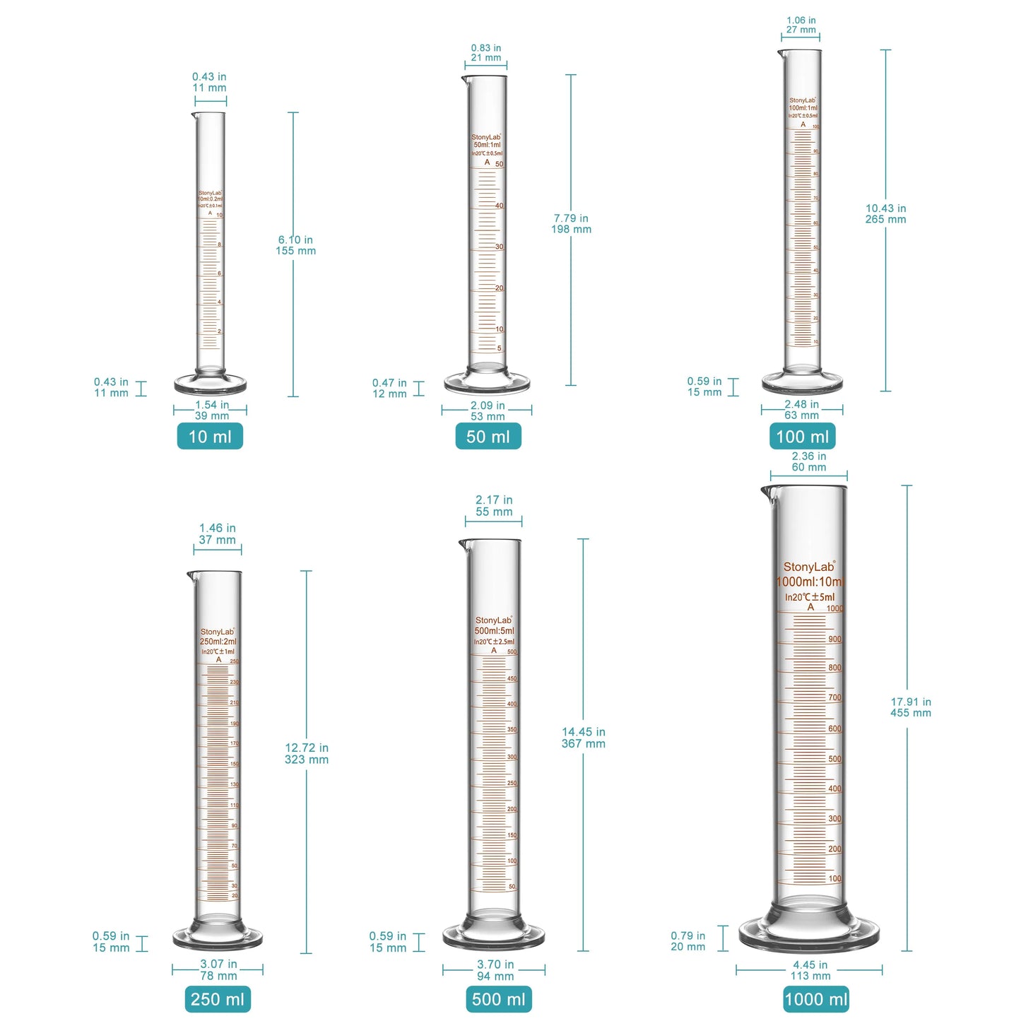 Laboratory graduated cylinder Class A accuracy borosilicate glass measuring cylinder with clear graduation scale for chemical experiments and liquid measurement StonyLab