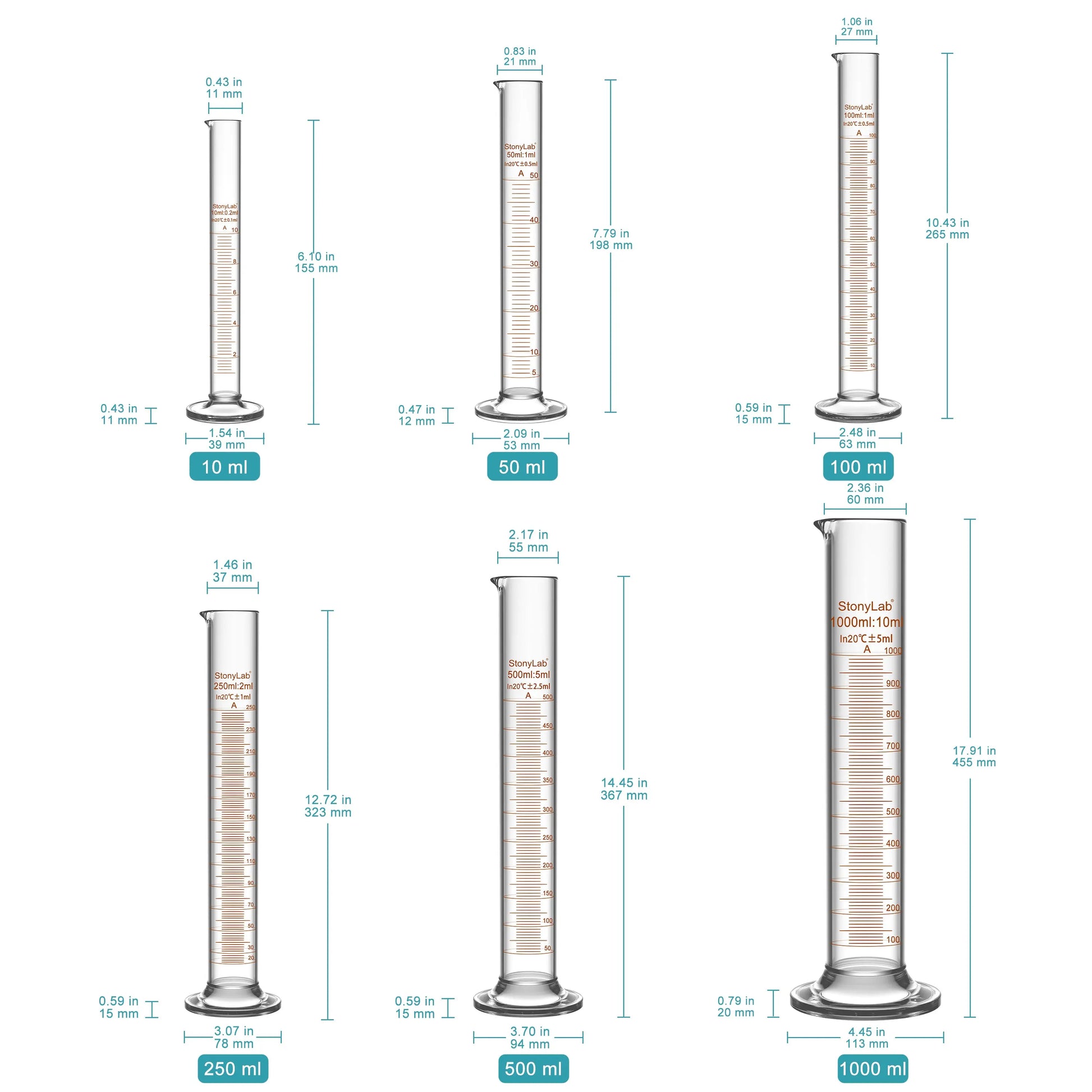 Laboratory graduated cylinder Class A accuracy borosilicate glass measuring cylinder with clear graduation scale for chemical experiments and liquid measurement StonyLab