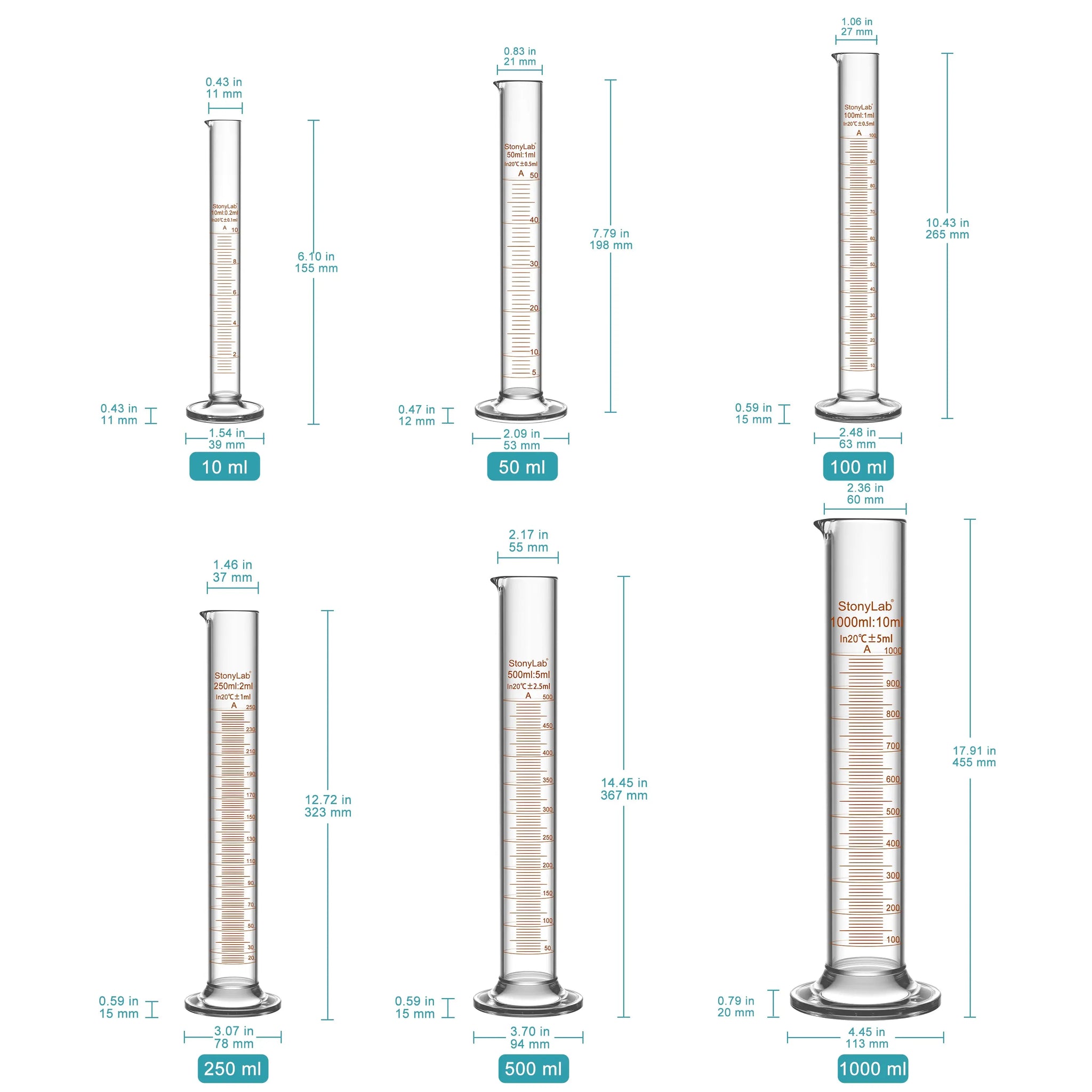 Laboratory graduated cylinder Class A accuracy borosilicate glass measuring cylinder with clear graduation scale for chemical experiments and liquid measurement StonyLab