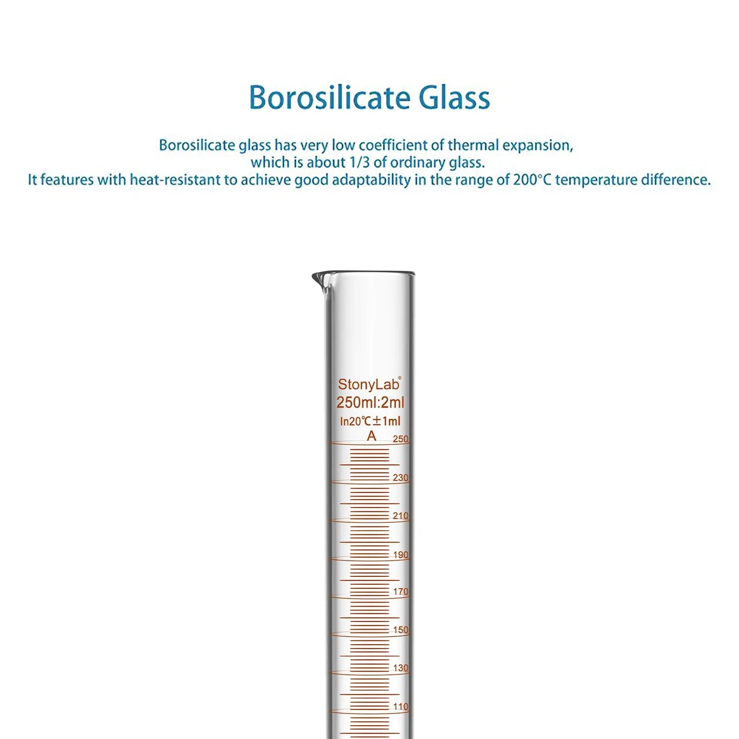 Laboratory graduated cylinder Class A accuracy borosilicate glass measuring cylinder with clear graduation scale for chemical experiments and liquid measurement StonyLab