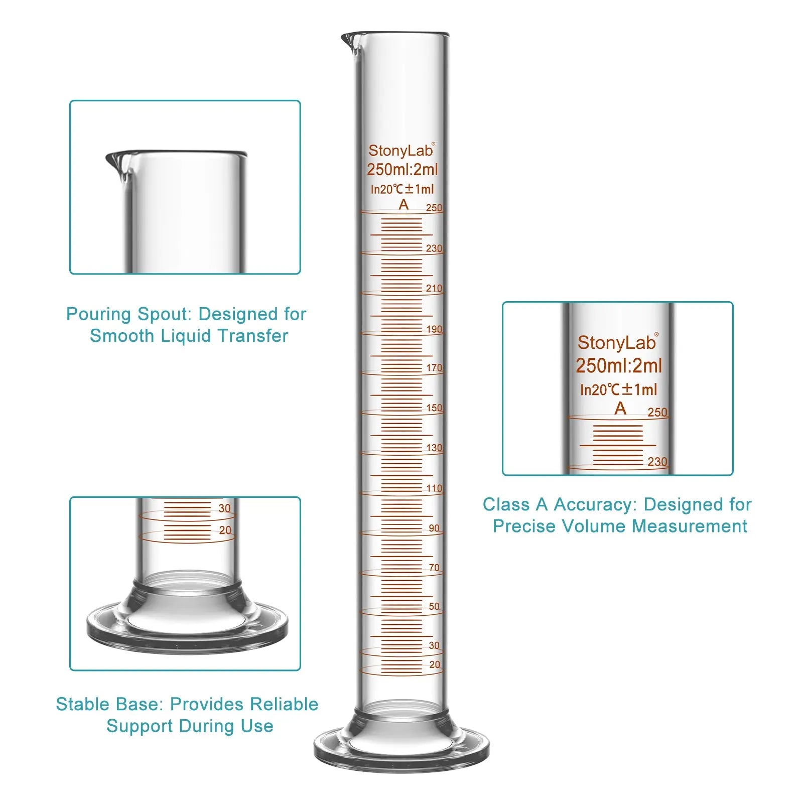 Laboratory graduated cylinder Class A accuracy borosilicate glass measuring cylinder with clear graduation scale for chemical experiments and liquid measurement StonyLab