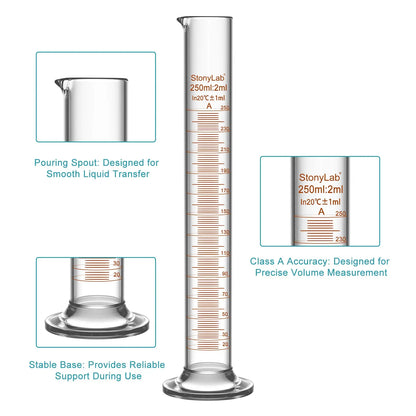 Laboratory graduated cylinder Class A accuracy borosilicate glass measuring cylinder with clear graduation scale for chemical experiments and liquid measurement StonyLab