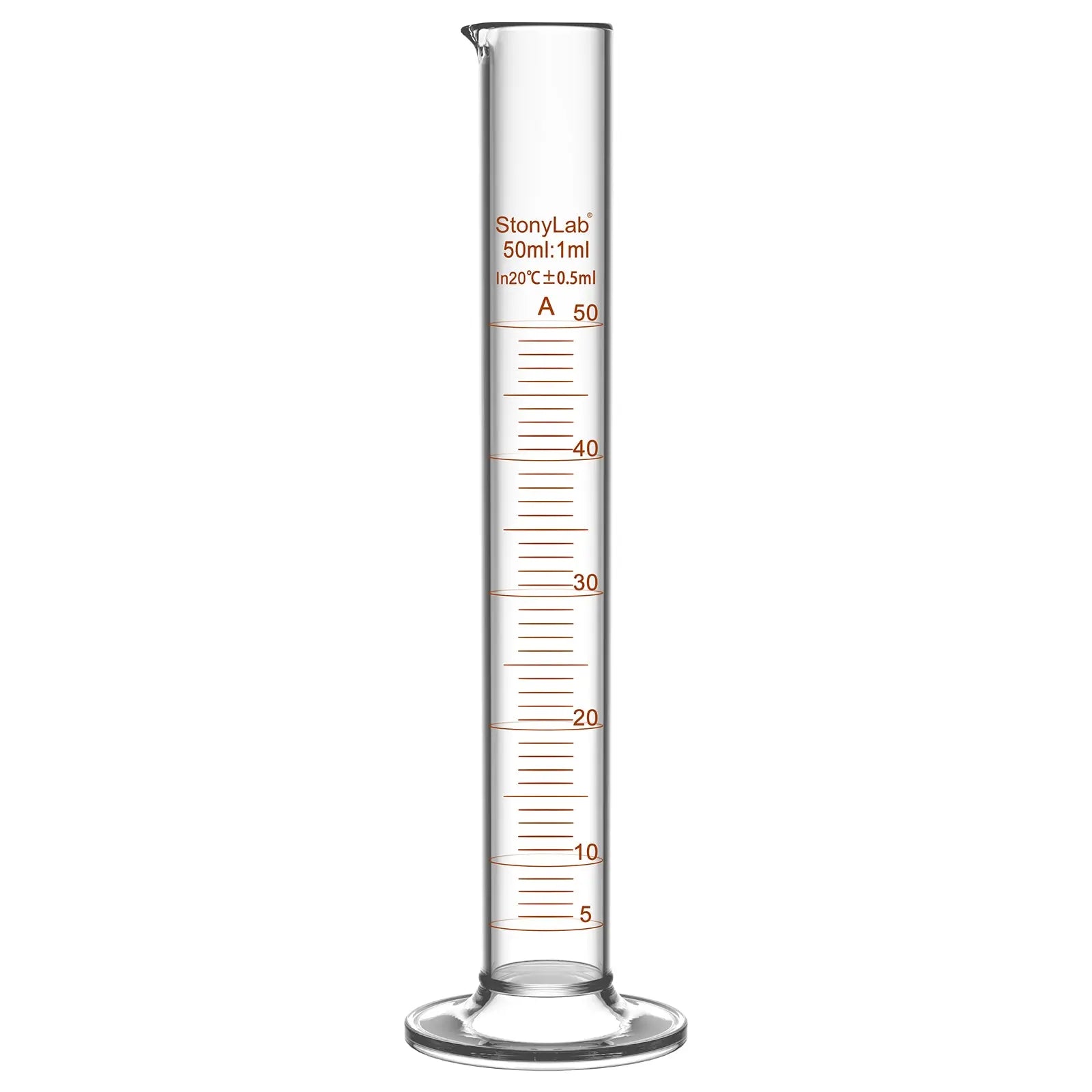 Laboratory graduated cylinder Class A accuracy borosilicate glass measuring cylinder with clear graduation scale for chemical experiments and liquid measurement StonyLab, 50 ml