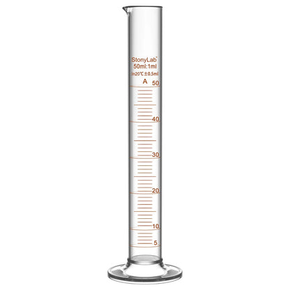 Laboratory graduated cylinder Class A accuracy borosilicate glass measuring cylinder with clear graduation scale for chemical experiments and liquid measurement StonyLab, 50 ml