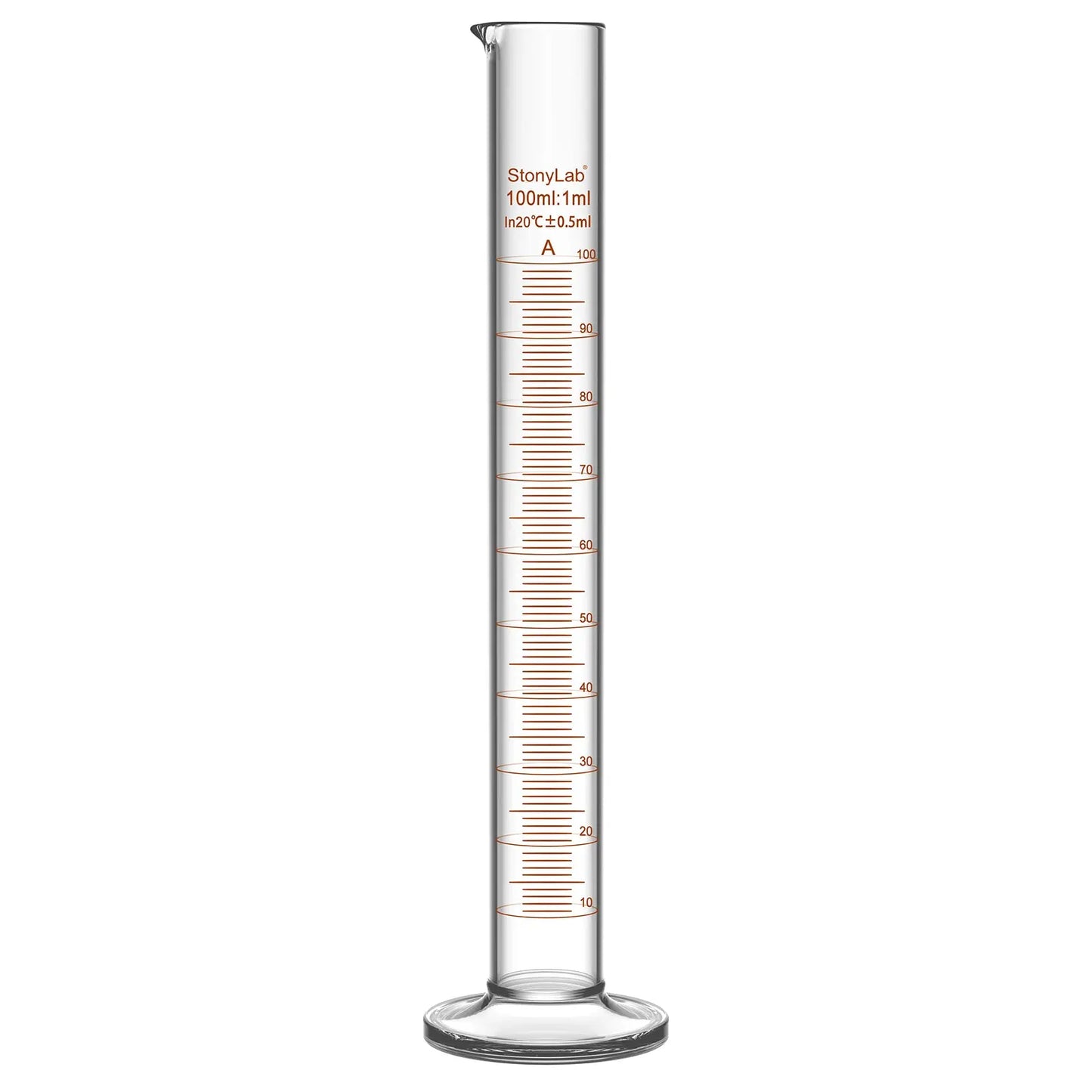 Laboratory graduated cylinder Class A accuracy borosilicate glass measuring cylinder with clear graduation scale for chemical experiments and liquid measurement StonyLab, 100 ml
